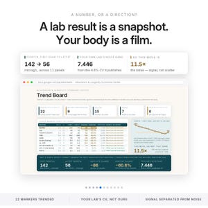 May include: A digital dashboard titled Bloodwork & Longevity Command Center displaying health data trends. It features text stating A lab result is a snapshot. Your body is a film. The interface includes tables, charts, and metrics like Ferritin 142 to 56 microg/L, analysing signal versus noise in laboratory results.