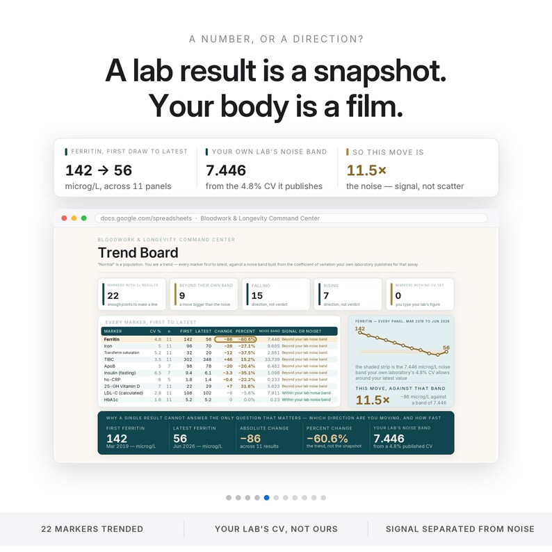 May include: A digital dashboard titled Bloodwork & Longevity Command Center displaying health data trends. It features text stating A lab result is a snapshot. Your body is a film. The interface includes tables, charts, and metrics like Ferritin 142 to 56 microg/L, analysing signal versus noise in laboratory results.