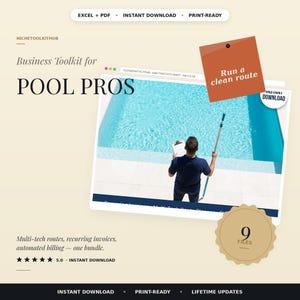Könnte beinhalten: Ein digitales Business-Toolkit für Pool-Profis. Das Bild zeigt eine Person, die einen Pool reinigt, mit dem Text "Business Toolkit for POOL PROS". Das Toolkit umfasst Multi-Tech-Routen, wiederkehrende Rechnungen und automatische Abrechnung. Der Text "Run a clean route" ist ebenfalls enthalten.