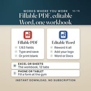 Op de afbeelding: Een digitale werkmap-infographic getiteld Works Where You Work 12/15. Het bevat een rood PDF-pictogram met 1.163 velden, opties om te typen en op te slaan of leeg af te drukken, en een blauw Word-pictogram voor bewerken, logo's toevoegen en Word of Docs gebruiken. Inclusief Excel-, Sheets-, telefoon- en tabletcompatibiliteit.