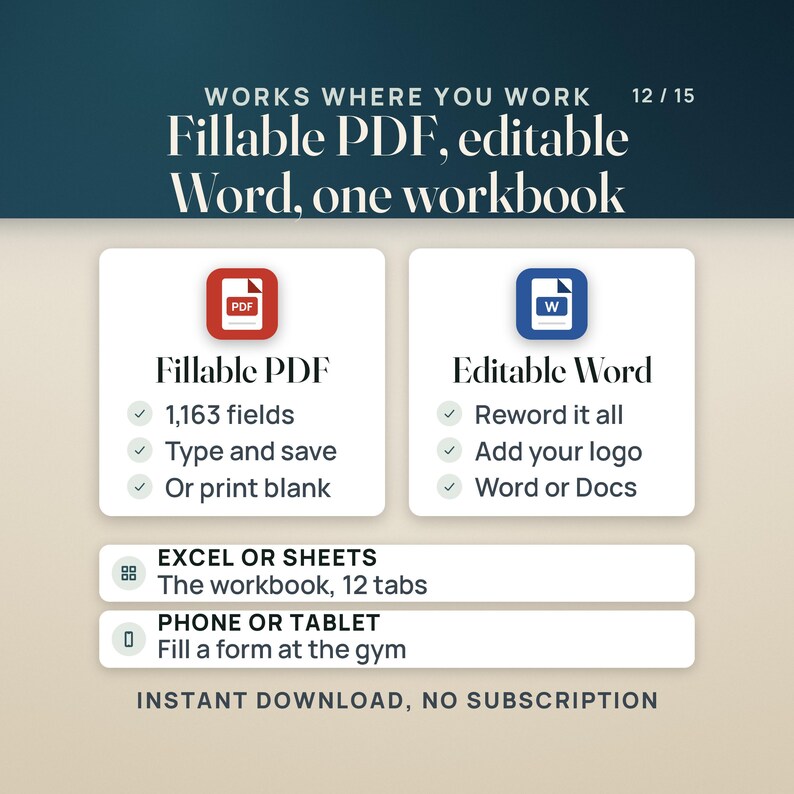 Op de afbeelding: Een digitale werkmap-infographic getiteld Works Where You Work 12/15. Het bevat een rood PDF-pictogram met 1.163 velden, opties om te typen en op te slaan of leeg af te drukken, en een blauw Word-pictogram voor bewerken, logo's toevoegen en Word of Docs gebruiken. Inclusief Excel-, Sheets-, telefoon- en tabletcompatibiliteit.