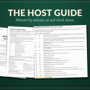 K&ouml;nnte beinhalten: Drei wei&szlig;e Papierb&ouml;gen mit den Titeln The Host Guide, The Host Quick Sheet und Minute by Minute: The Full Game. Die Dokumente enthalten schwarz gedruckten Text, der einen Zeitplan f&uuml;r ein Krimispiel mit Uhrzeiten und Abl&auml;ufen beschreibt.
