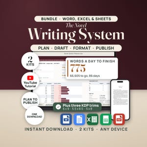 Pode incluir: Um sistema digital de escrita de romances para Word, Excel e Sheets. Inclui ferramentas de planeamento, redação, formatação e publicação. Contém painel de contagem de palavras, vista móvel e três tamanhos KDP: 15,2x22,9, 14x21,6 e 12,7x20,3 cm.