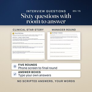 Nursing Interview Question Bank pages: a clinical STAR story with situation, task, action and result boxes, and the nurse manager round with answer boxes under each question. 60 questions across five rounds, phone screen to final round.