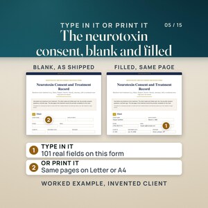 Page 1 of the Neurotoxin Consent and Treatment Record, blank as shipped beside the same page filled in for an invented client: name, date of birth, phone, email, client ID, treatment date Jun 19, 2026 and provider. Numbered rows note 101 real fields on this form and the same pages on Letter or A4 paper.