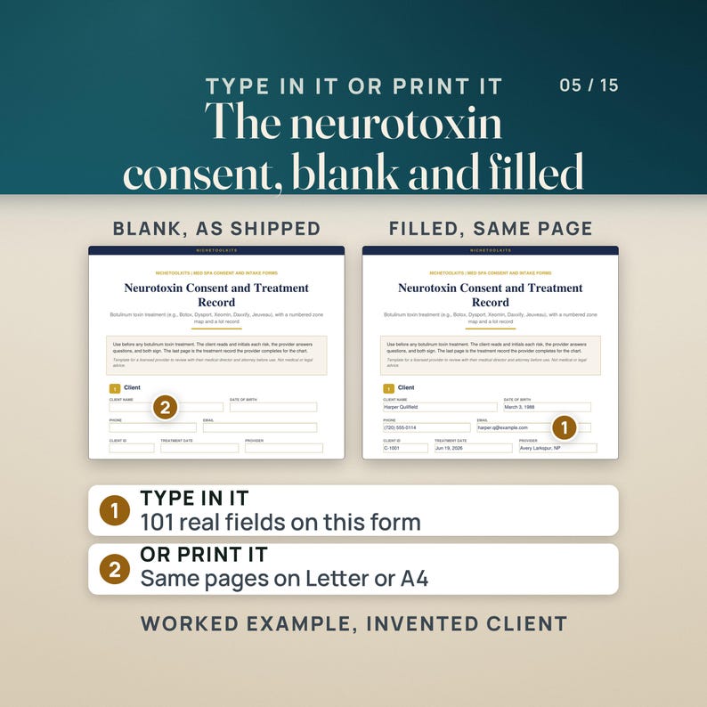 Page 1 of the Neurotoxin Consent and Treatment Record, blank as shipped beside the same page filled in for an invented client: name, date of birth, phone, email, client ID, treatment date Jun 19, 2026 and provider. Numbered rows note 101 real fields on this form and the same pages on Letter or A4 paper.