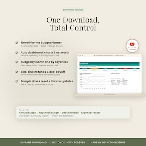 May include: A digital budget planner spreadsheet for Excel and Google Sheets titled One Download, Total Control. It features an auto dashboard with charts, net worth tracking, and tabs for bills, debt payoff, and paycheck planning with sample data.