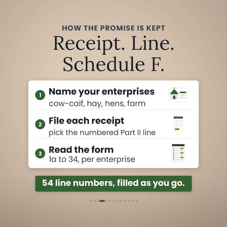 May include: An informational graphic titled HOW THE PROMISE IS KEPT Receipt. Line. Schedule F. It lists three steps: 1. Name your enterprises, 2. File each receipt, and 3. Read the form 1a to 34, per enterprise. A green bar at the bottom reads 54 line numbers, filled as you go.