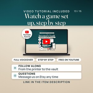 A laptop showing the YouTube tutorial thumbnail for The Inventor's Vault with a play button and a YouTube seal. Pills read full voiceover, step by step and free on YouTube. Follow along from the printer to the vault; the link is in the item description.