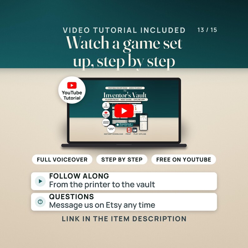 A laptop showing the YouTube tutorial thumbnail for The Inventor's Vault with a play button and a YouTube seal. Pills read full voiceover, step by step and free on YouTube. Follow along from the printer to the vault; the link is in the item description.