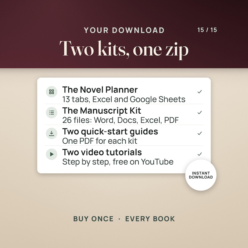 Your download: the Novel Planner with 13 tabs for Excel and Google Sheets, the Manuscript Kit with 26 files in Word, Google Docs, Excel and PDF, two quick-start guides and two video tutorials, as one instant download.