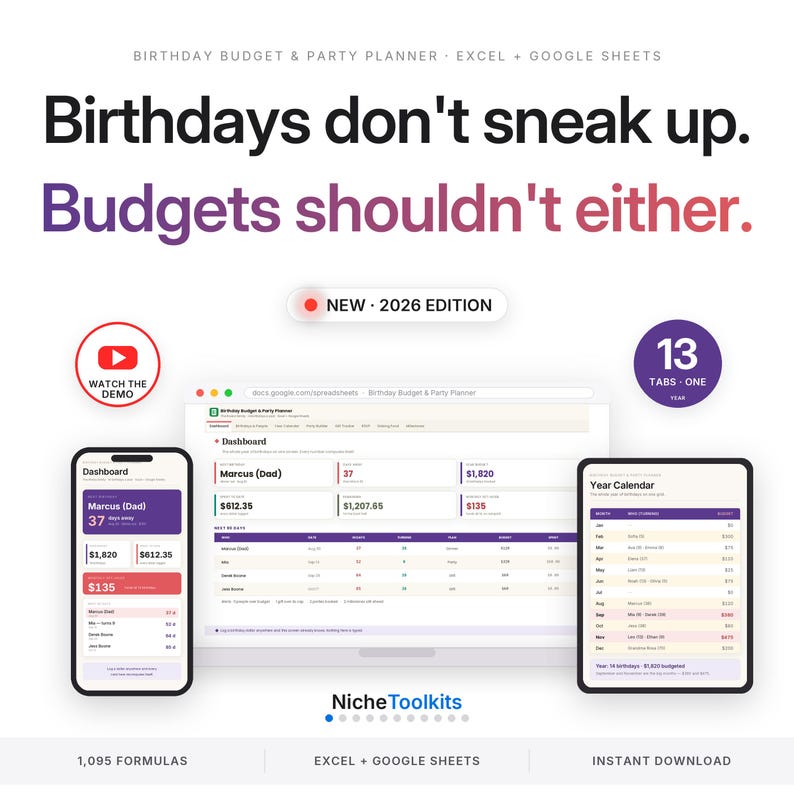 May include: A digital birthday budget and party planner for Excel and Google Sheets, featuring a 2026 edition dashboard displayed on a laptop, smartphone, and tablet. The interface includes a year calendar, 13 tabs, and 1,095 formulas for tracking.