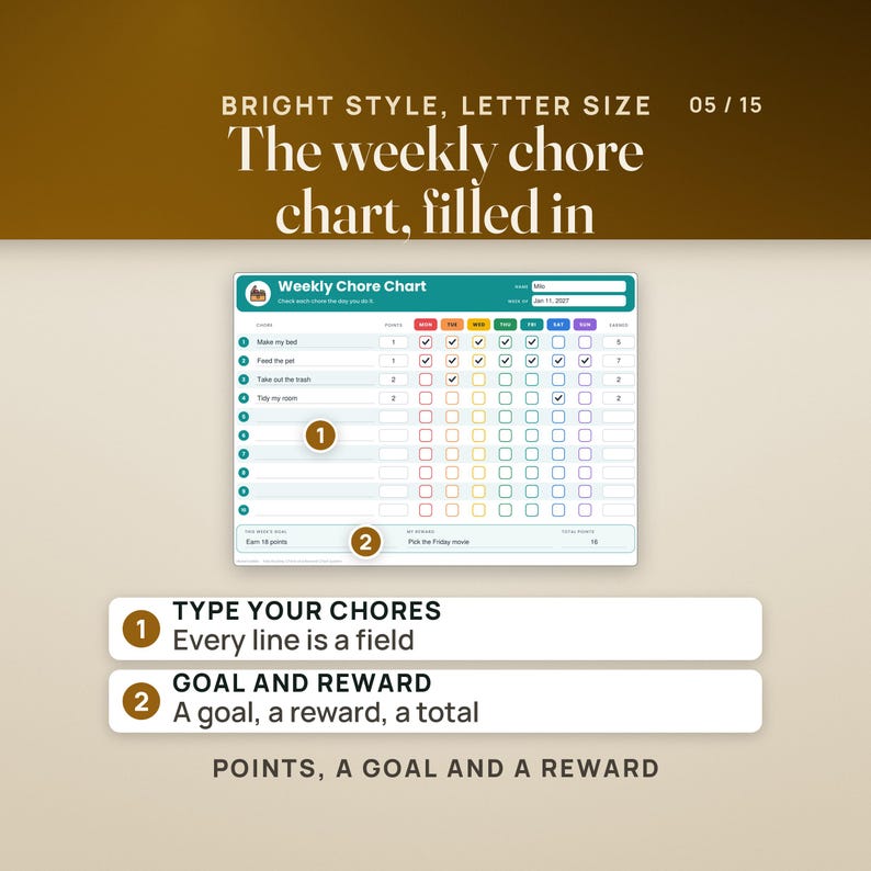 The Bright weekly chore chart, Letter size, filled in for Milo: make my bed, feed the pet, take out the trash and tidy my room, each with points, a colored box for every day and an earned total of 5, 7, 2 and 2. The goal reads earn 18 points, the reward pick the Friday movie, and total points 16. Pins mark an empty chore line and the goal field. Rows: type your chores, every line is a field; goal and reward.