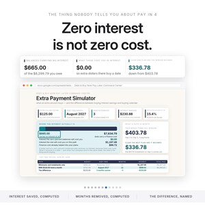 Puede incluir: Una interfaz digital titulada Extra Payment Simulator que muestra datos financieros. El texto dice: The thing nobody tells you about pay in 4. Zero interest is not zero cost. El panel incluye tablas, gr&aacute;ficos y c&aacute;lculos sobre deudas, intereses y plazos de pago con varios valores num&eacute;ricos.