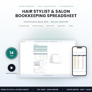 May include: A digital bookkeeping spreadsheet for hair stylists and salons, compatible with Excel and Google Sheets. The interface displays a dashboard with 14 tabs, charts, and financial tracking for income, tips, service pricing, retail profit, and taxes.