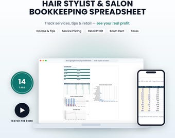 Pode incluir: Uma planilha de contabilidade digital para cabeleireiros e salões, compatível com Excel e Google Sheets. A interface exibe um painel com 14 abas, gráficos e rastreamento financeiro para receitas, gorjetas, preços e impostos.