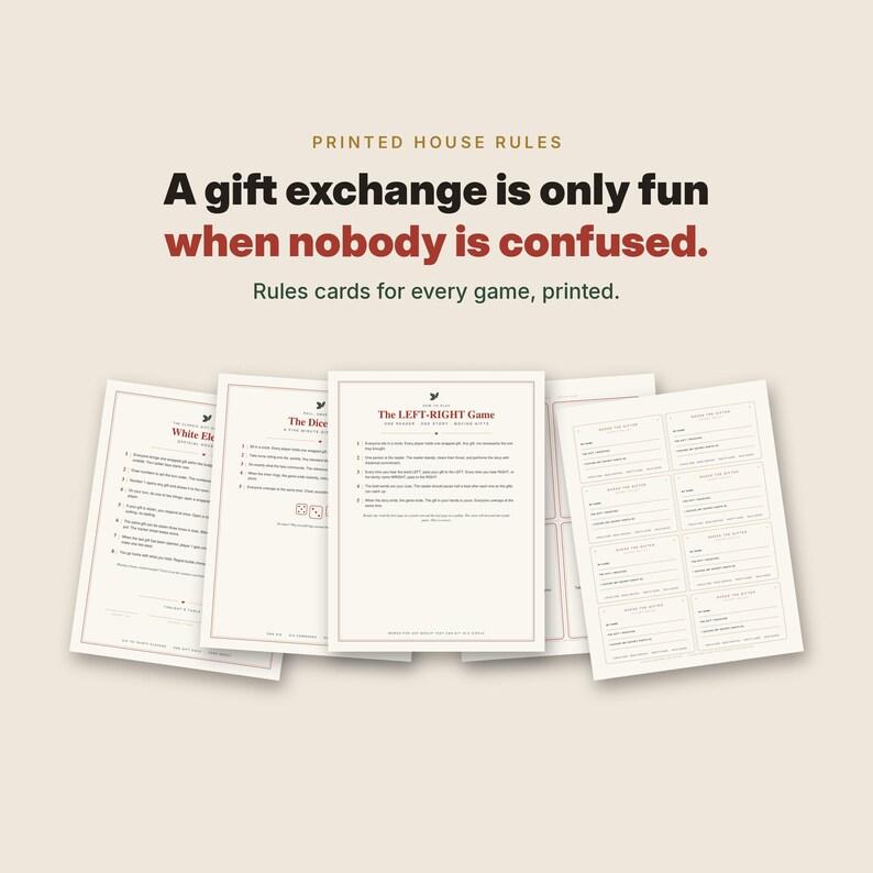May include: A collection of printed game instruction cards for gift exchanges, featuring the text "PRINTED HOUSE RULES", "A gift exchange is only fun when nobody is confused.", and "Rules cards for every game, printed." The cards include instructions for White Elephant and The Left-Right Game.