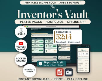 Könnte beinhalten: Ein druckbares Escape-Room-Spiel mit dem Titel The Inventor's Vault, inklusive Spielerpaketen, Gastgeber-Leitfaden und Offline-App. Das Display zeigt 3 Level, 36 Rätsel, eine 10-minütige Einrichtung und einen Timer, der 52:14 anzeigt.