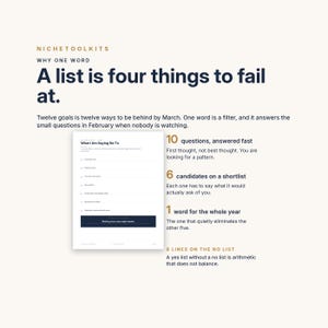 Peut inclure: Un document num&eacute;rique intitul&eacute; NicheToolKits Why One Word A list is four things to fail at. Il pr&eacute;sente une liste de contr&ocirc;le intitul&eacute;e What I Am Saying No To, accompagn&eacute;e d'un texte expliquant le processus de s&eacute;lection d'un mot pour l'ann&eacute;e.
