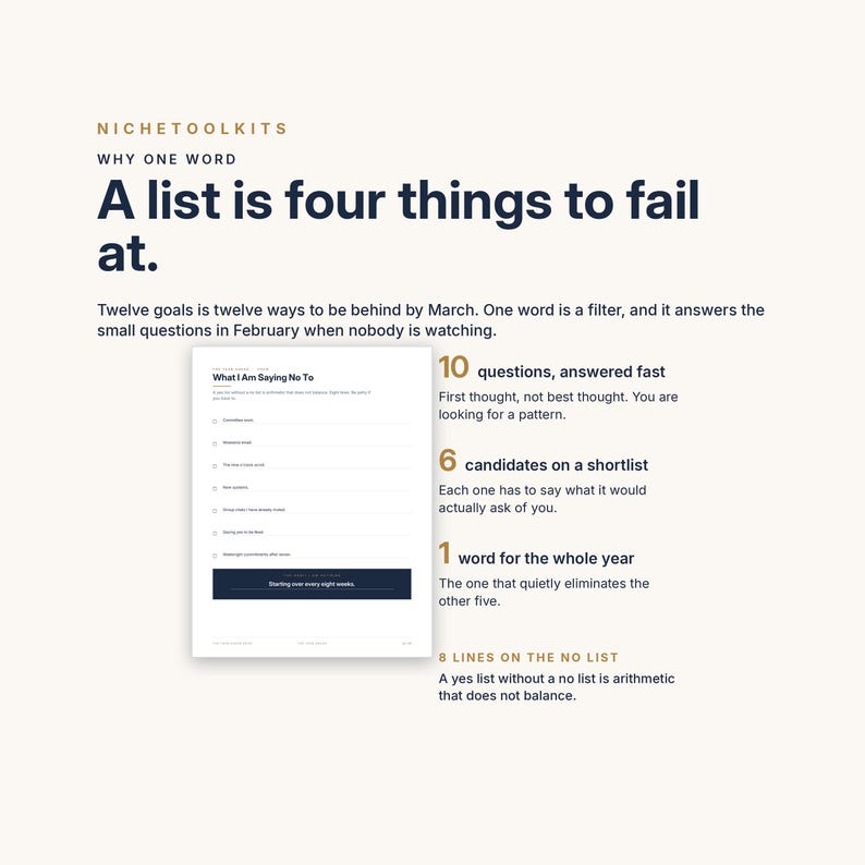 Peut inclure: Un document num&eacute;rique intitul&eacute; NicheToolKits Why One Word A list is four things to fail at. Il pr&eacute;sente une liste de contr&ocirc;le intitul&eacute;e What I Am Saying No To, accompagn&eacute;e d'un texte expliquant le processus de s&eacute;lection d'un mot pour l'ann&eacute;e.