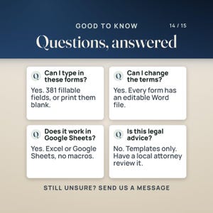 Questions answered: type into the forms (381 fillable fields), change the terms in Word, use Excel or Google Sheets, and the agreement is a template for a local attorney to review.