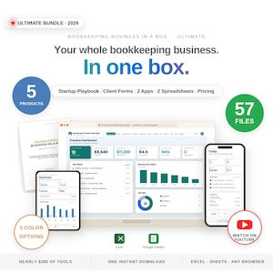 Bookkeeping Business in a Box Ultimate Bundle hero showing bookkeeper startup kit, client onboarding forms, pricing calculator app, tax ready bookkeeping spreadsheet and ADHD bookkeeper planner, five products in one download for Excel and Sheets