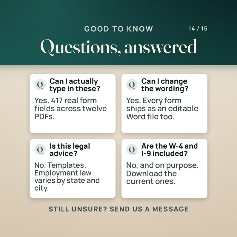 May include: A digital information graphic titled GOOD TO KNOW 14/15 Questions, answered. It features four white rectangular boxes with Q icons, each containing a question and answer about document templates, including form fields and file formats.