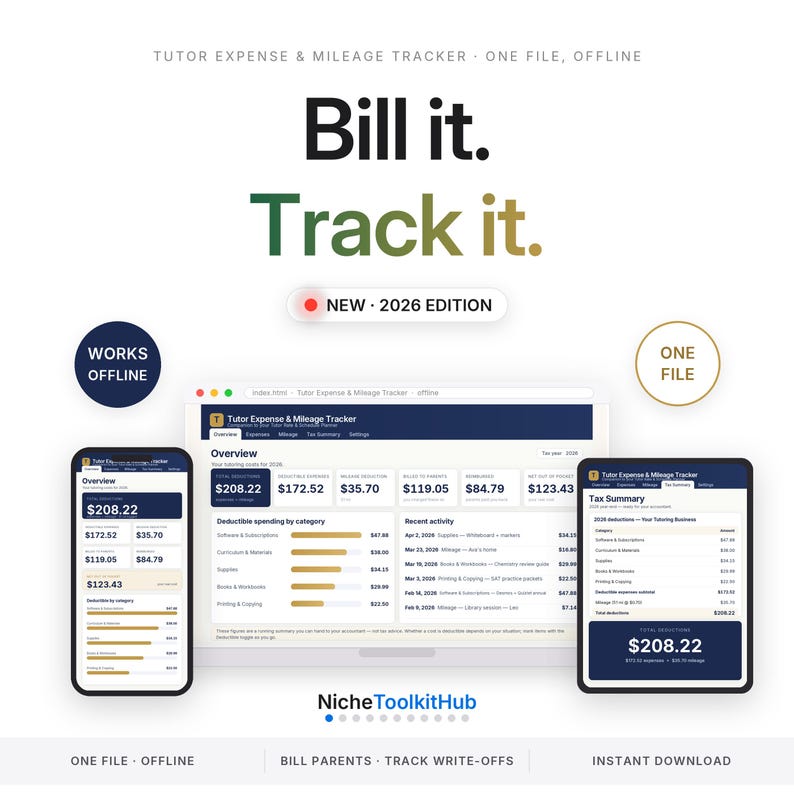 May include: A digital tutor expense and mileage tracker displayed on a laptop, smartphone, and tablet. The interface shows financial data, tax summaries, and recent activity for 2026. Text includes Bill it. Track it. NEW 2026 EDITION and NicheToolkitHub.