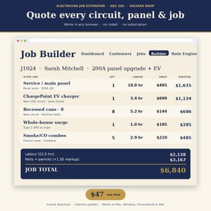 Electrician Job Estimator App | Electrical Quoting Software, No Install | Per-Circuit Builder, Panel Load & Voltage Drop Calculator