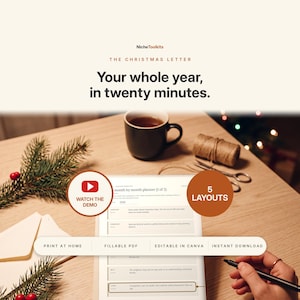 Może przedstawiać: Cyfrowy szablon planera list&oacute;w świątecznych z tekstem NicheToolkits, The Christmas Letter, Your whole year, in twenty minutes, Watch the demo, 5 Layouts, Print at home, Fillable PDF, Editable in Canva oraz Instant download.