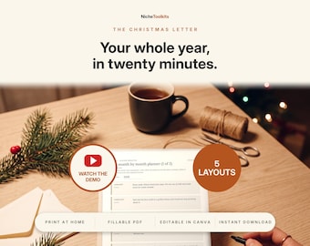 Familieoverzicht Kerstbrief sjabloon | Kerstnieuwsbrief printbaar, bewerkbaar kaartsjabloon, vakantie-update (40 pagina's)