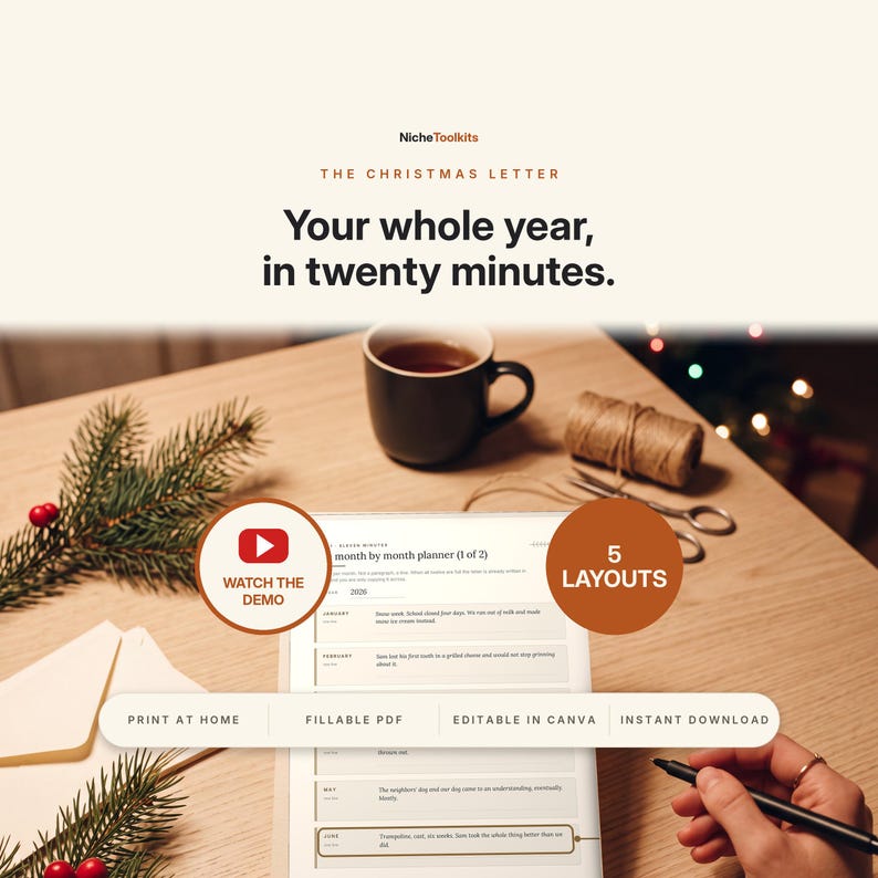 Może przedstawiać: Cyfrowy szablon planera list&oacute;w świątecznych z tekstem NicheToolkits, The Christmas Letter, Your whole year, in twenty minutes, Watch the demo, 5 Layouts, Print at home, Fillable PDF, Editable in Canva oraz Instant download.
