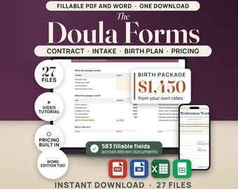 Paquete de plantillas y formularios de contrato de doula Doula de parto Doula posparto Admisión de clientes Hoja de trabajo del plan de parto Calculadora de precios de factura PDF Word