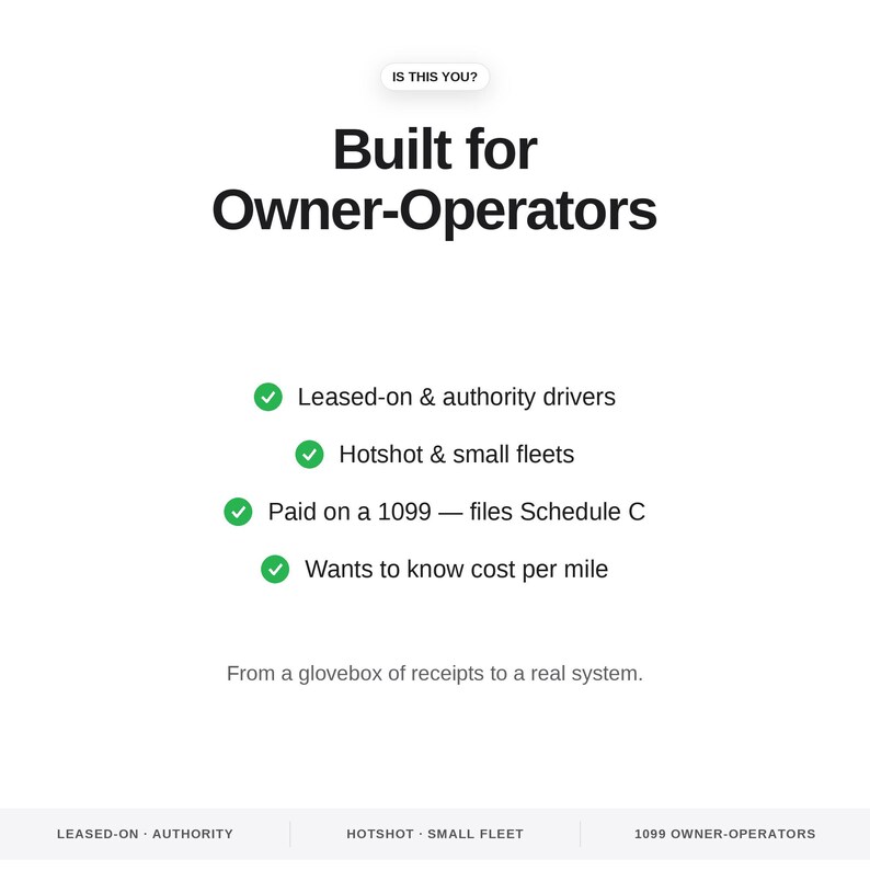 K&ouml;nnte beinhalten: Eine wei&szlig;e Infografik mit schwarzem Text: IS THIS YOU? Built for Owner-Operators. Eine Liste mit gr&uuml;nen H&auml;kchen enth&auml;lt Leased-on & authority drivers, Hotshot & small fleets, Paid on a 1099 &mdash; files Schedule C und Wants to know cost per mile.