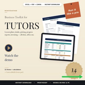 May include: A digital business toolkit for tutors featuring a tablet displaying a pricing calculator, printed forms including a student intake form and service agreement, and text overlays stating Business Toolkit for TUTORS, 14 FILES, and Run it like a pro.