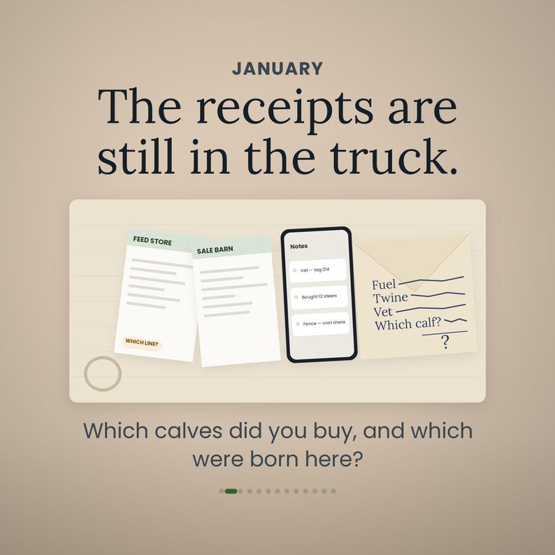 May include: A graphic illustration titled JANUARY The receipts are still in the truck. It displays two receipts labeled FEED STORE and SALE BARN, a smartphone showing a notes app, and an envelope with handwritten text Fuel, Twine, Vet, Which calf?