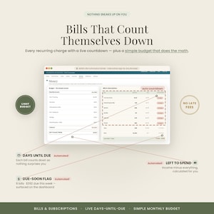 May include: A digital interface for an interactive budget app titled Bills That Count Themselves Down. The screen displays a money dashboard with columns for monthly income, expenses, and a list of bills with automated countdowns for due dates.