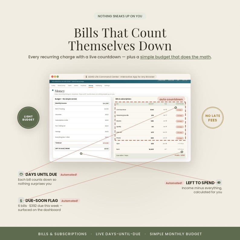 May include: A digital interface for an interactive budget app titled Bills That Count Themselves Down. The screen displays a money dashboard with columns for monthly income, expenses, and a list of bills with automated countdowns for due dates.