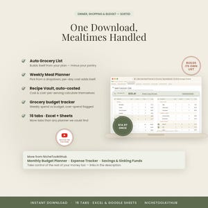 May include: A digital meal planner and grocery spreadsheet displayed on a laptop screen. Features include an auto grocery list, weekly meal planner, recipe vault, and budget tracker with 16 tabs compatible with Excel and Google Sheets.