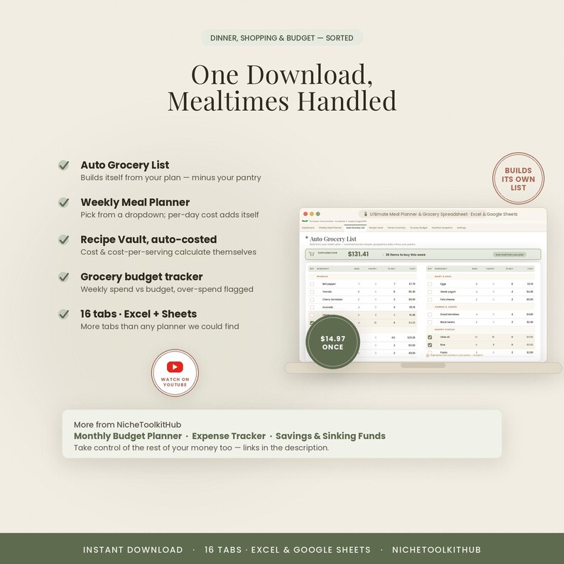 May include: A digital meal planner and grocery spreadsheet displayed on a laptop screen. Features include an auto grocery list, weekly meal planner, recipe vault, and budget tracker with 16 tabs compatible with Excel and Google Sheets.