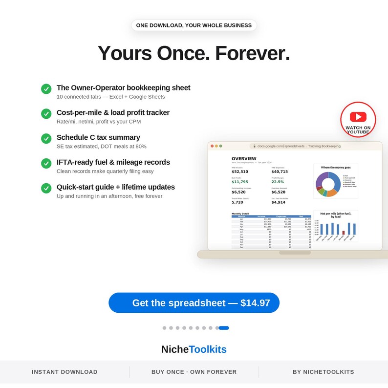 K&ouml;nnte beinhalten: Eine digitale Buchhaltungstabelle f&uuml;r selbstst&auml;ndige Unternehmer mit einem Laptop-Bildschirm, der ein Dashboard mit Diagrammen anzeigt, einer Liste von Funktionen wie Steuer&uuml;bersichten und Kraftstoffaufzeichnungen sowie einem blauen Button.