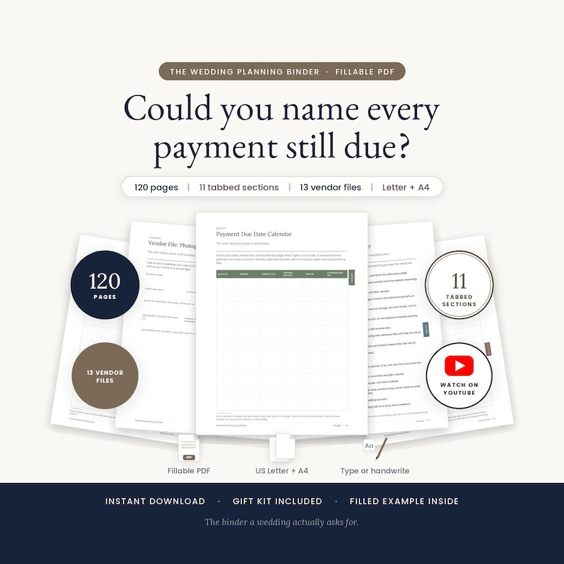Hero image for the Wedding Planning Binder. A centered question reads: could you name every payment still due? Five real binder pages fan out beneath it, with seals reading 120 pages, 11 tabbed sections and 13 vendor files.