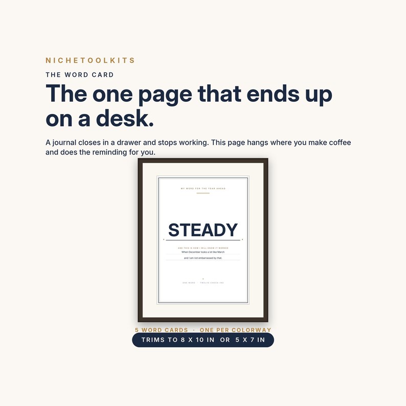 Peut inclure: Une carte de mots encadr&eacute;e affichant le texte 'STEADY' en grandes lettres bleu fonc&eacute;. La carte comprend des lignes pour &eacute;crire et le texte 'MY WORD FOR THE YEAR'. Le design est minimaliste avec un cadre marron fonc&eacute;. Se coupe en 20,3 x 25,4 cm ou 12,7 x 17,8 cm.