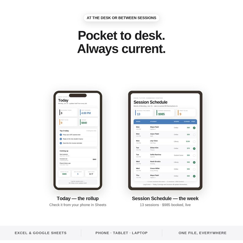 May include: A smartphone and a tablet displaying a digital session schedule and daily summary. Text reads: AT THE DESK OR BETWEEN SESSIONS, Pocket to desk. Always current., Today &mdash; the rollup, Session Schedule &mdash; the week, EXCEL & GOOGLE SHEETS, PHONE &middot; TABLET &middot; LAPTOP, ONE FILE, EVERYWHERE.
