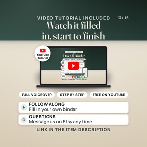 Video tutorial included. A YouTube thumbnail made from this listing's main image, with pills reading full voiceover, step by step and free on YouTube. Rows read: follow along and fill in your own binder; questions, message us on Etsy any time. Caption: link in the item description.