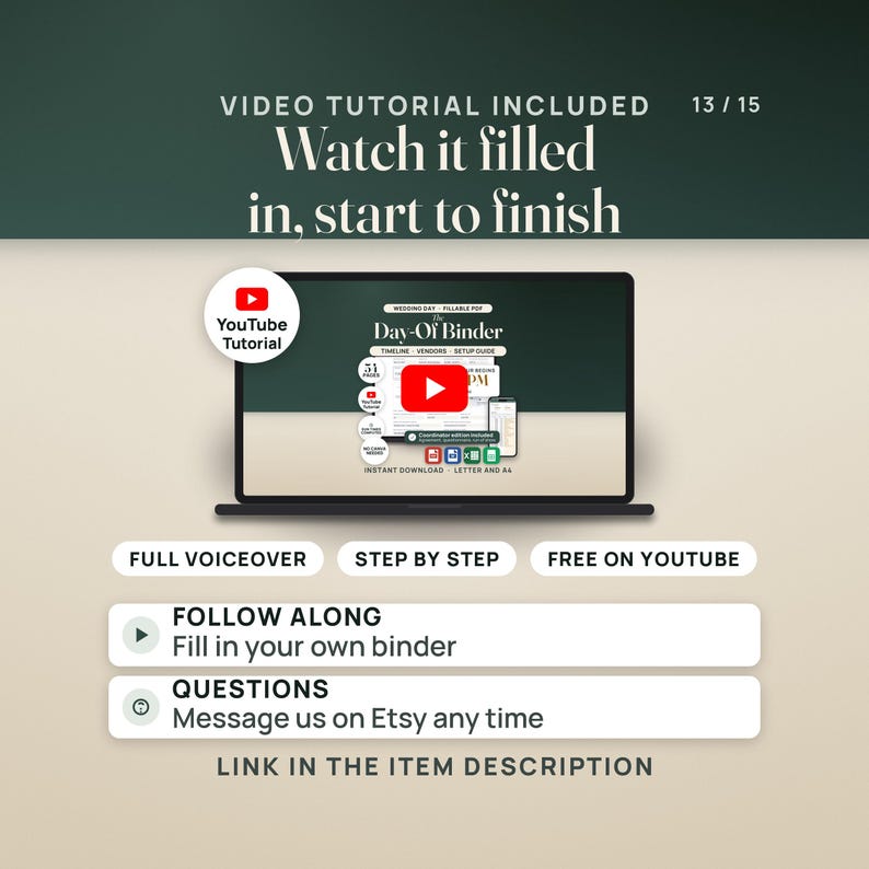 Video tutorial included. A YouTube thumbnail made from this listing's main image, with pills reading full voiceover, step by step and free on YouTube. Rows read: follow along and fill in your own binder; questions, message us on Etsy any time. Caption: link in the item description.