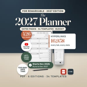 2027 Planner for reMarkable on a generic e-ink tablet: the real Week 11 page (Mar 15 to 21, 2027) with 14 month tabs, and the Paper Pro Move edition beside it. 426 day pages, 16,938 links, 34 templates, YouTube tutorial.