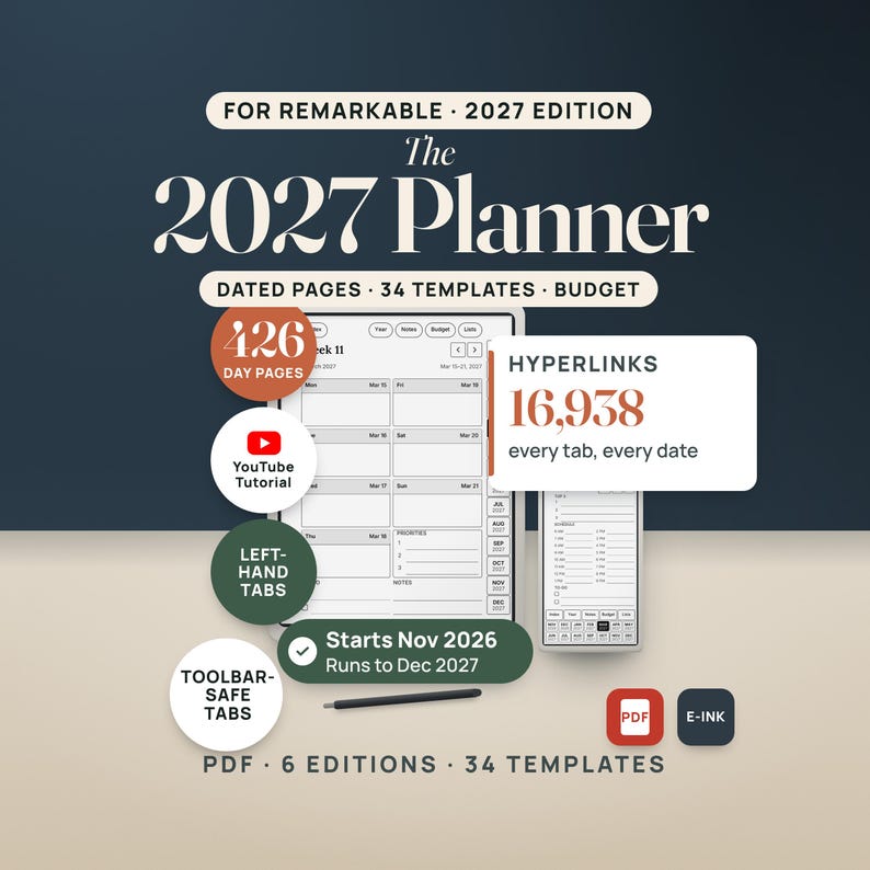 2027 Planner for reMarkable on a generic e-ink tablet: the real Week 11 page (Mar 15 to 21, 2027) with 14 month tabs, and the Paper Pro Move edition beside it. 426 day pages, 16,938 links, 34 templates, YouTube tutorial.