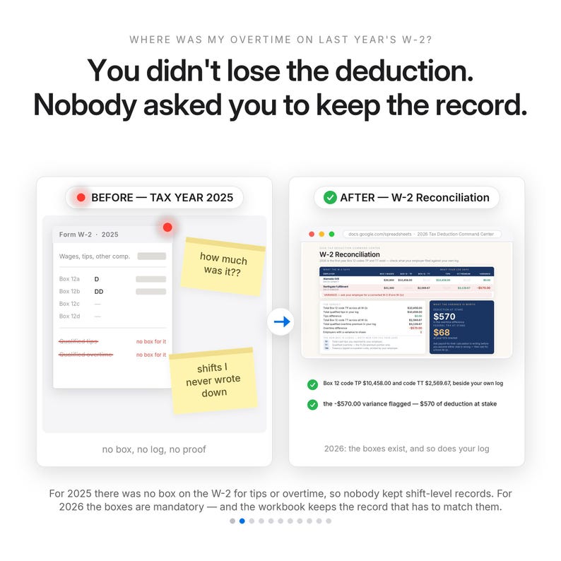 May include: An infographic comparing tax documentation before and after W-2 reconciliation. The left side shows a 2025 Form W-2 with missing boxes and yellow sticky notes. The right side displays a digital spreadsheet titled W-2 Reconciliation.