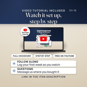 Video tutorial included. A laptop shows the YouTube tutorial, whose thumbnail is this listing's hero image, with a play button. Pills read full voiceover, step by step and free on YouTube. Notes: follow along and log your first week as you watch; for questions, message us where you bought it. Caption: link in the item description.